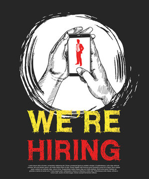 We are hiring sign with businessman red silhouette in mobile phone screen. Hand holding mobile phone hand drawing style on black background