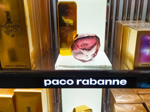 Antalya, Turkey - May 11, 2021: Shop display of different types of perfume PACO RABANNE