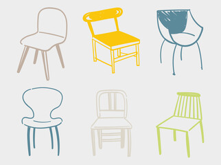 A set of six interior items. Hand drawn furniture illustrations. Minimalistic outlines of unusual, original chairs and armchairs for restaurants, terraces, home design, fashion catalogs, brochures.
