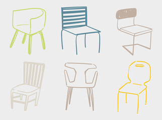 A set of six interior items. Hand drawn furniture illustrations. Minimalistic outlines of unusual, original chairs and armchairs for restaurants, terraces, home design, fashion catalogs, brochures.