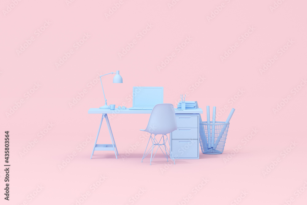 Fototapete 3d rendering of workspace desk table with laptop and office accessories.
