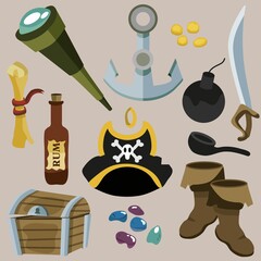 Pirate set. Vector illustration for games, fairy tales. Pirate hat, boots, spyglass, coins, chest, rum, saber, scroll, bomb, anchor, treasure chest. Children's illustration.
