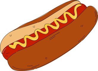 Hot Dog Cartoon Vector Hand-drawn Illustration. Junk Sreet Fast Food  