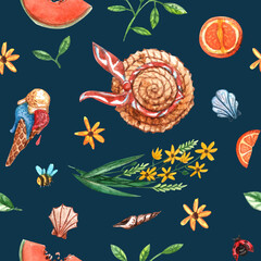 Hand-drawn watercolor bright seamless pattern. Colorful illustration with  summer mood with oranges, ladybugs, ice cream, straw hat, bathing suit, fruits,  flowers, seashells on dark background
