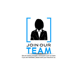 Join our team design concept with the businesswoman in blue square