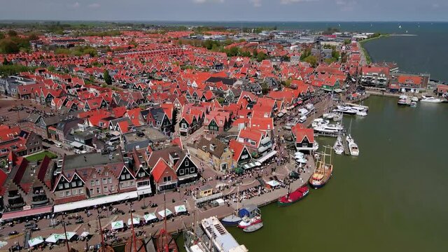 Aerial view of the harbour of Volendam, Holland, The Netherlands, Europe Touristic former fishing village.