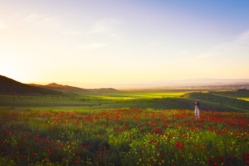 Young woman standing in Green valley and poppy field, springtime landscape in Georgia. Blank space woman wellness concept background