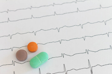 Pills or medications on sheets of paper with EKGs. Cardiac arrhythmias represented on paper.