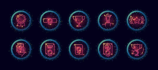 Fototapeta na wymiar 10 in 1 vector icons set related to winner award theme. Lineart vector icons in geometric neon glow style with particles