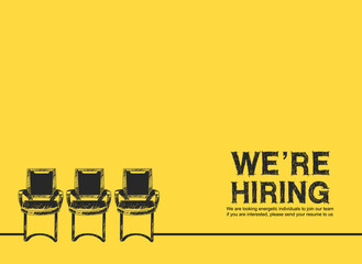 We are hiring concept design with three chair connected with line hand drawing style yellow background.