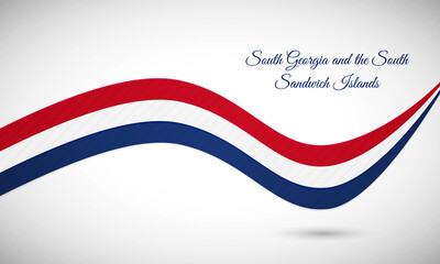 Happy national day of South Georgia and the South Sandwich Islands. Creative shiny wavy flag background with text typography.