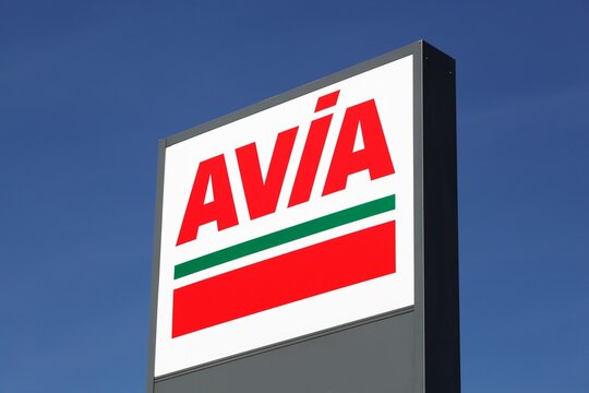 Chenelette, France - September 12, 2020: AVIA sign on a panel. AVIA International company is represented by more than 2900 petrol stations in 14 European countries