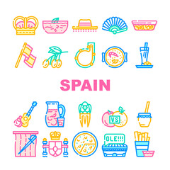 Spain Nation Heritage Collection Icons Set Vector. Gazpacho, Omelet And Paella Spain Dish, King Crown And Spanish Flag, Stadium And Bullfighting Concept Linear Pictograms. Contour Color Illustrations