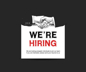 We are hiring concept design with shaking hands. Vector illustration hand drawing style on black background.