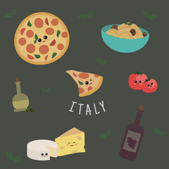 Kawaii food set. Italian food. Cute and tasty. Vector illustration.