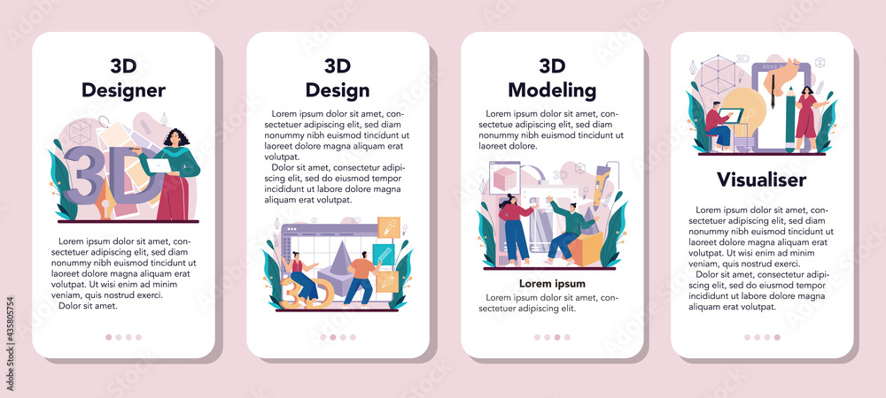 Wall mural designer 3d mobile application banner set. digital drawing