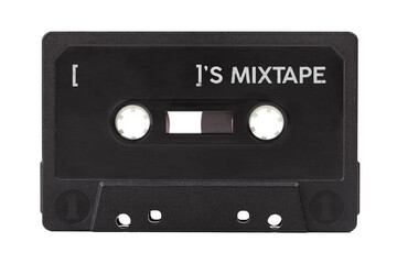 Empty black blank audio cassette own personal mixtape, personalized media playlist, music dj mix tape concept, object isolated on white, cut out. Place for the name, nametag, retro cassette template