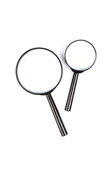 Two black magnifying glasses, loupes, magnifiers, objects pair isolated on white background, cut out. Data file search symbol, investigation and exploration, magnification abstract concept, nobody