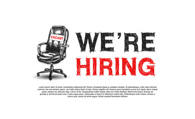 We are hiring typography with sign vacant office chair. Business recruiting concept with hand drawing style on white background