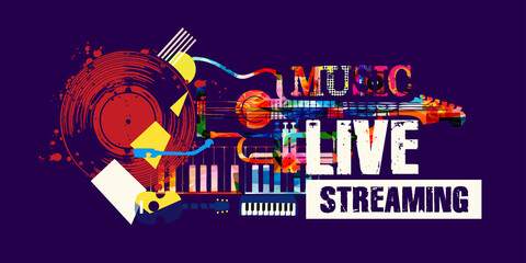 Live streaming banner for music festivals, shows and concert events. Colorful music promotional poster background with musical instruments vector illustration