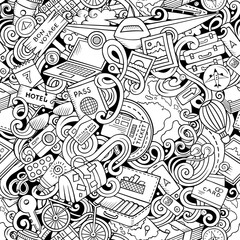 Traveling hand drawn doodles seamless pattern.