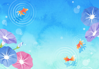 Fototapeta na wymiar 夏の朝顔と金魚の爽やかな水彩のベクターイラスト背景(フレーム)
