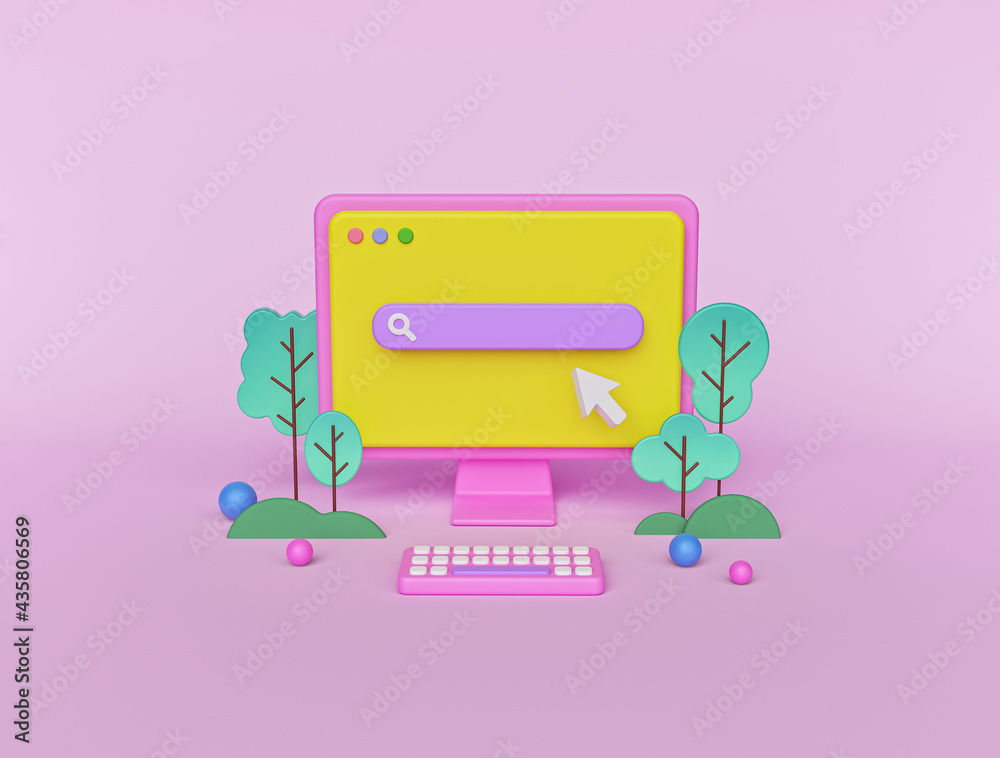 Poster search bar on computer monitor isolated on pastel pink background. minimal web search concept. 3d re