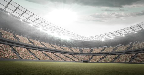 Composition of empty sports stadium with glowing spotlights