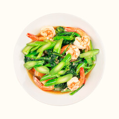 Fried kale, oyster oil with fresh shrimp fried garlic in a plate isolated white background. Top View