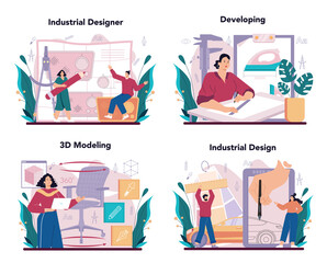 Industrial designer concept set. Artist creating modern environment