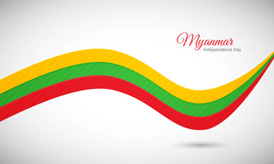 Happy independence day of Myanmar. Creative shiny wavy flag background with text typography.