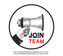 We are hiring concept design with hand holding megaphone hand drawing style inside circle.