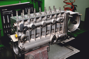 Diesel fuel pump housing for assembly. Repair of diesel fuel pump of 8-cylinder engine. Car repair...