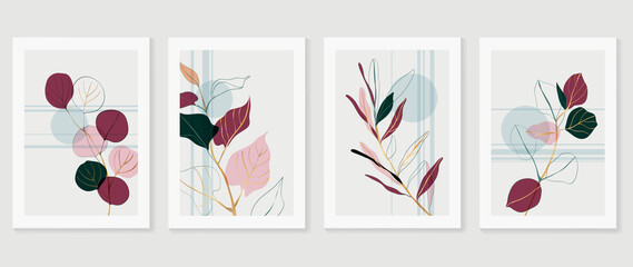 Botanical and gold abstract wall arts vector collection.  Golden and luxury pattern design with Tropical leaves line arts, Hand draw Organic shape design for wall framed prints, cover and poster.
