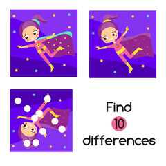 Find the differences educational children game. Kids activity with superhero girl