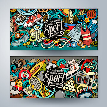 Sports hand drawn doodle banners set. Cartoon detailed flyers.