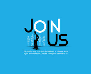 Join us design with chosen businessman silhouette blue background hand drawing style