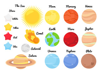 Big set of space planets. Cartoon sun, moon, earth and solar system elements set. Vector illustration