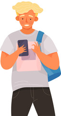 Schoolboy with smartphone is communicating. Male character using mobile device. Young boy is chatting online. Person uses technology for studying. Smiling guy looking at phone screen