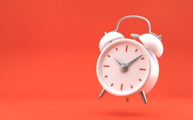 White vintage ringing alarm clock on bright red background. Modern design, 3d rendering.