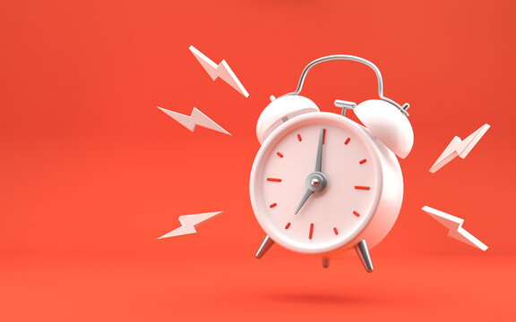 White vintage ringing alarm clock on bright red background. Modern design, 3d rendering.