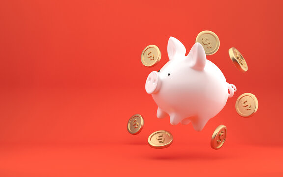 Hovering Piggy bank with falling dollar coins. Front view. Finance, saving money, pink piggy bank on bright red background. 3d rendering.