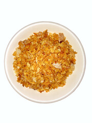 fried minced garlic on white background