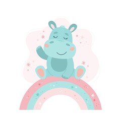 Cute hippo baby animal concept illustration for nursery, character for children