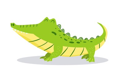 Obraz premium Cartoon cute crocodile isolated on white background. Bright vector illustration for childrens design. Satisfied alligator.