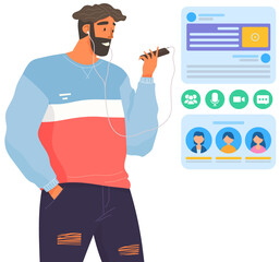 Happy man with headphones is looking at his smartphone. Guy do video call. Person in headphones connected to phone. Man is speaking. Person uses technology to communicate talking by phone