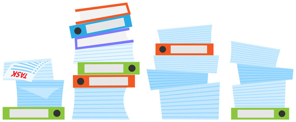 Stack of documents and assignments isolated on white background. Paper sheets with tasks for doing at work. List of assignments to be done by employee at work. Sheets of paper with inscription task