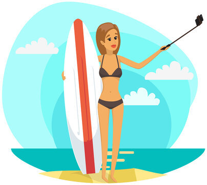 Girl is having summer vacation and surfing. Woman in swimsuit is photographed on phone camera. Lady with smartphone is posing for self portrait. Female holding surfboard is making selfie on beach