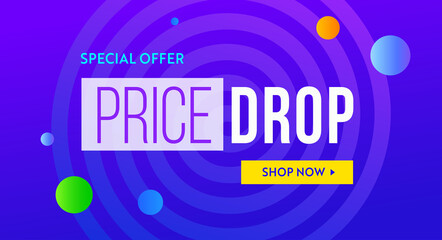 Price drop banner design. Low price poster, cheap vector template. Price drop falling prices and Business downturn, financial debt, banner sale schedule 