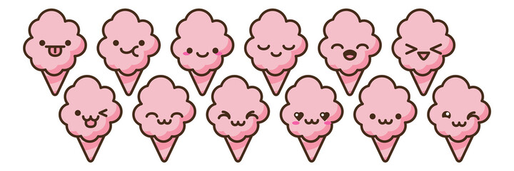 Anime style cartoon sweet food. Cotton candy emoji vector character.